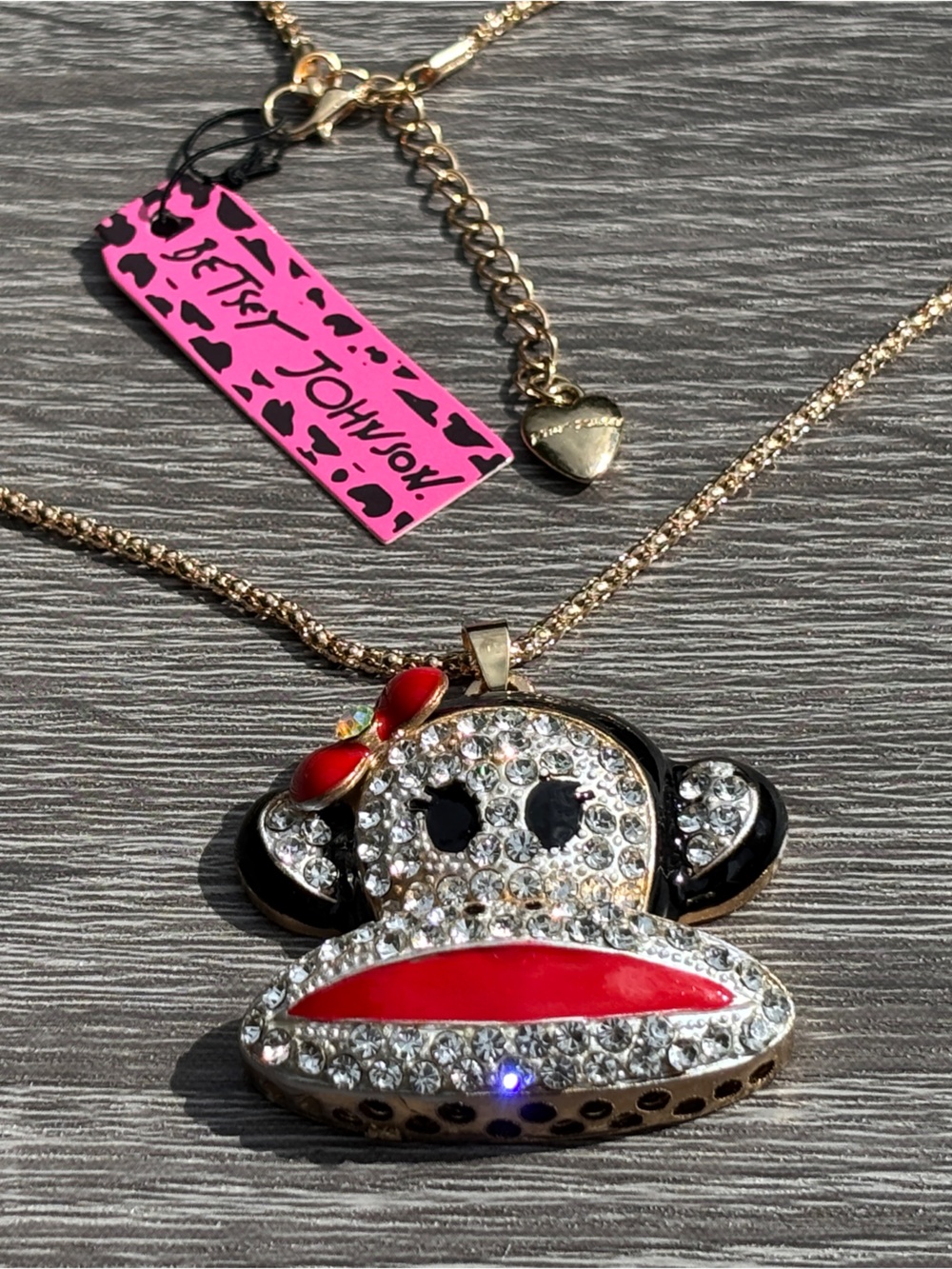 Betsey Johnson Rhinestone Monkey Pendant Necklace in Red and Gold